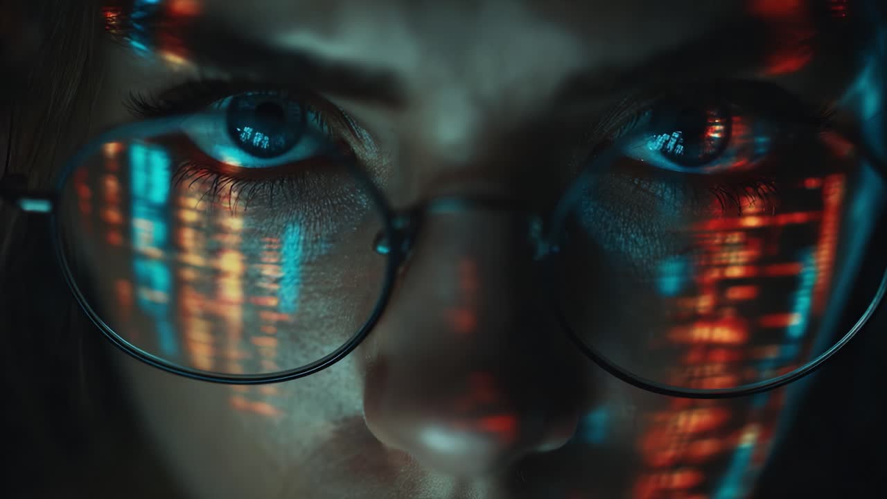 A Close-Up View of a Focused Individual Analyzing Data Reflected in Their Glasses, Capturing Intensity and Mystery in Digital Insights