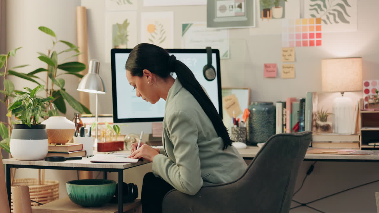 비즈니스 여성, 글쓰기와 컴퓨터 화면