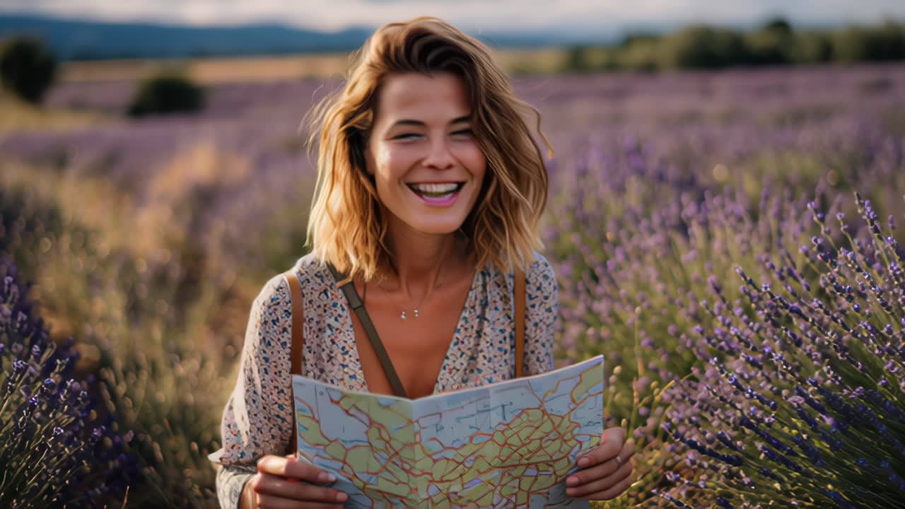 Giovane donna felice che tiene una mappa di carta mentre si trova in un campo di lavanda in fiore all'ora d'oro, godendosi un viaggio in campagna e un'avventura all'aperto in estate