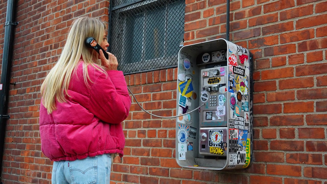 New York, USA, 24 marzo 2026: Donna che usa un telefono pubblico su un muro di mattoni. Profilo di una donna con una giacca rosa che usa un vecchio telefono stradale decorato con molti adesivi colorati.