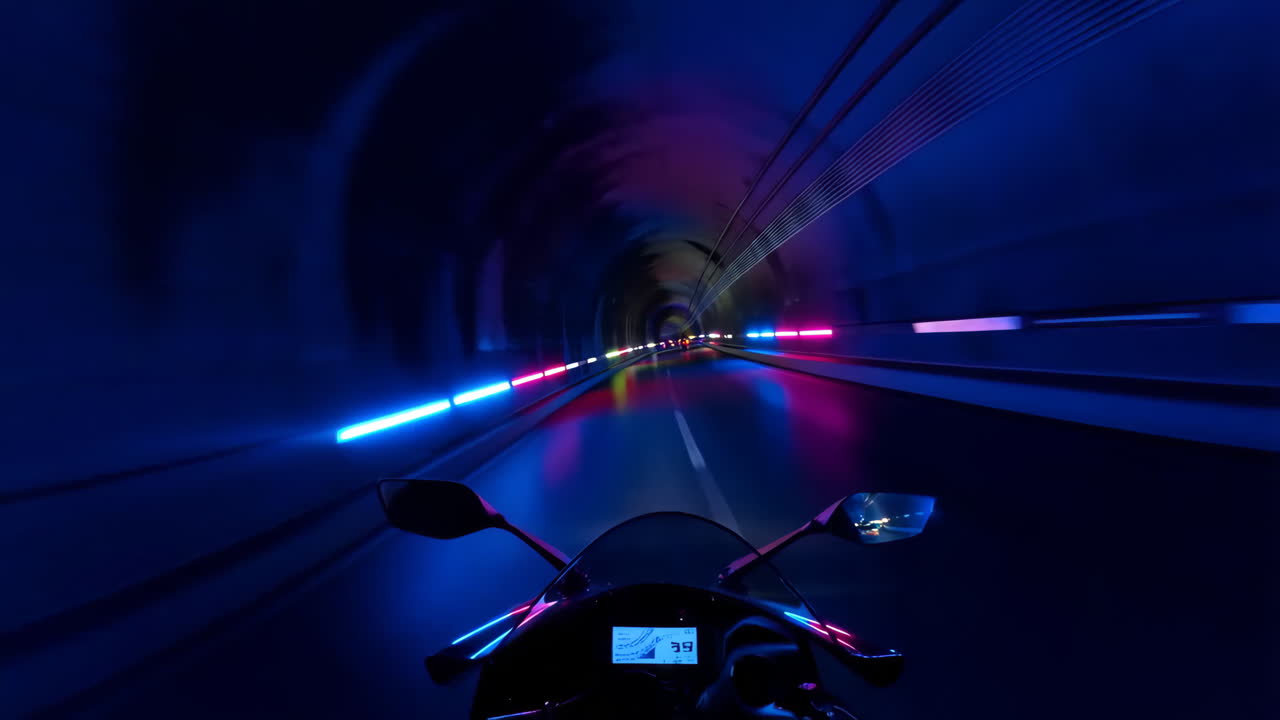 Motorcycle POV Ride Through a Neon-Lit Tunnel