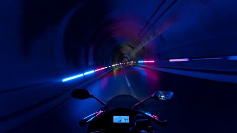 motorcycle pov ride through a neon-lit tunnel