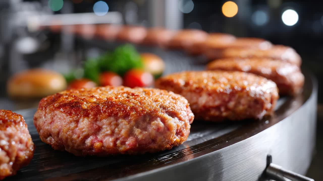 Close-up of Perfectly Grilled Beef Patties on a Conveyor Belt in a Fast-Food Setting, Showcasing Their Juicy Texture and Appealing Sizzle Under Bright Lights