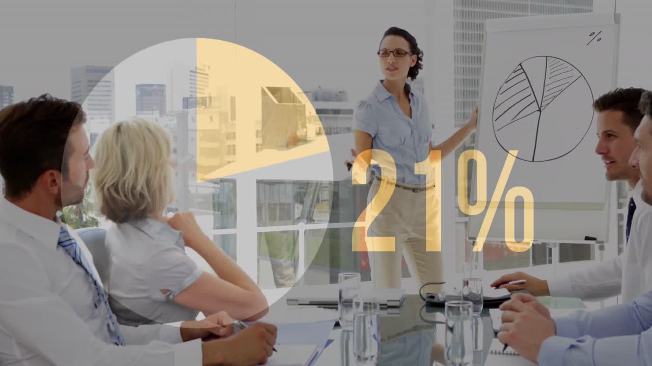 사무실에서 프레젠테이션을 하는 백인 사업가 여성에 대한 증가하는 비율의 애니메이션