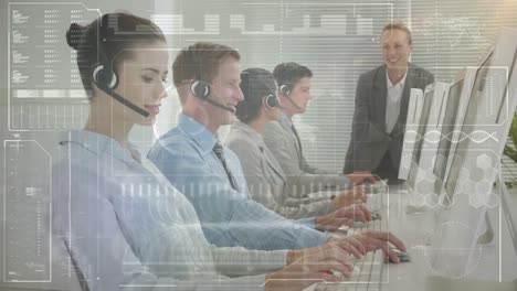 animazione dell'interfaccia digitale su persone d'affari che utilizzano cuffie telefoniche