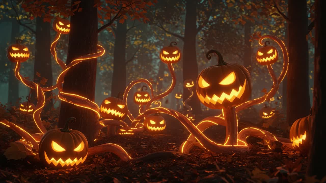 An Enchanting Scene of Glowing Jack-o'-Lanterns Surrounded by Twisting Vines in an Autumn Forest, Perfectly Capturing the Magic of Halloween at Dusk