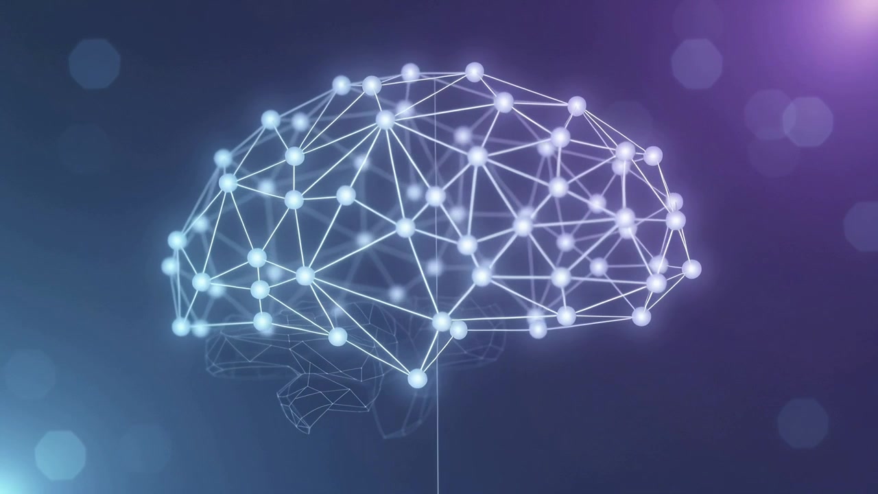 Starting pulse, 3D brain pulsing, rotating in blue space showing network nodes, axis, purple flare