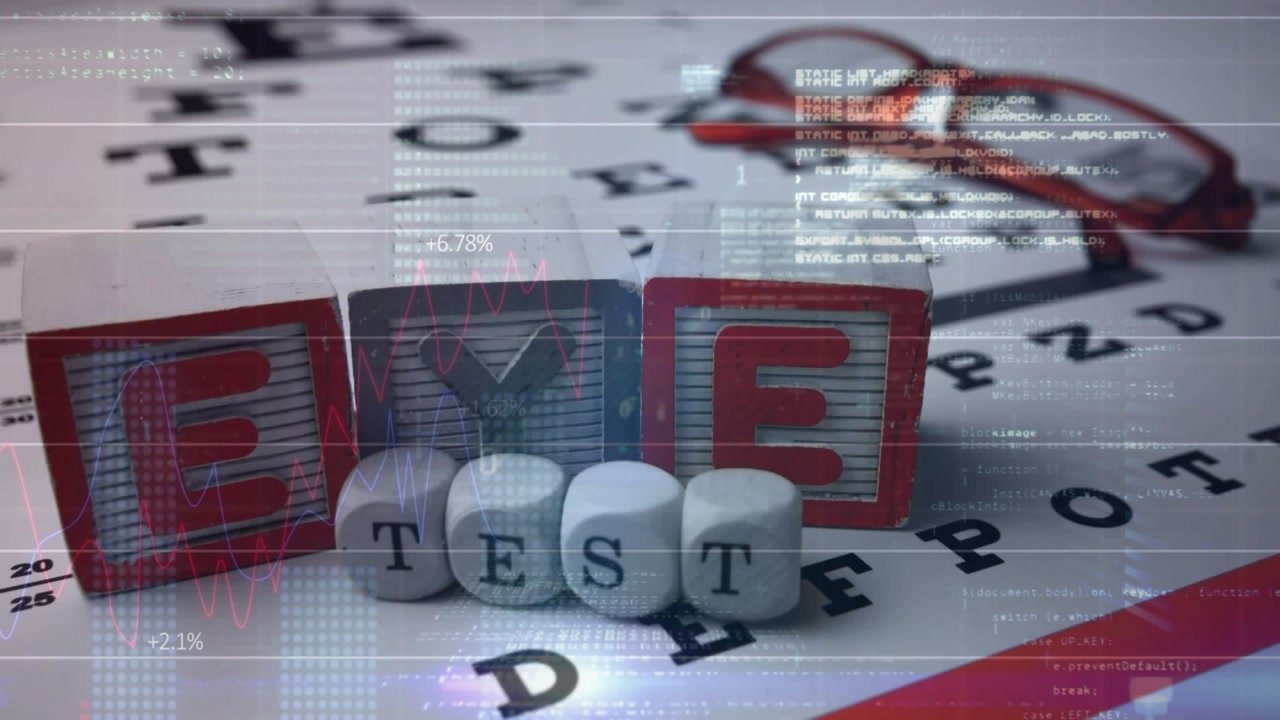 Eye Test with Snellen Chart, Blocks, and Digital Data Overlay