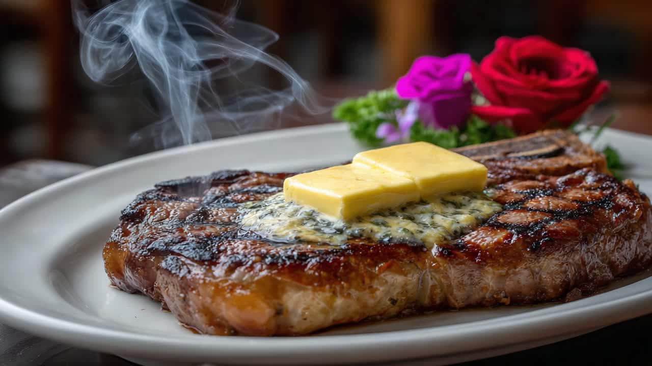 Succulent Grilled Steak with Melting Butter and Fresh Floral Garnish, Capturing the Essence of Culinary Delight and Gourmet Dining Experience