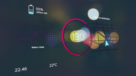 Animation-of-numbers-in-speedometer,-battery-icon,-navigation-pattern,-blurred-lights-of-vehicles