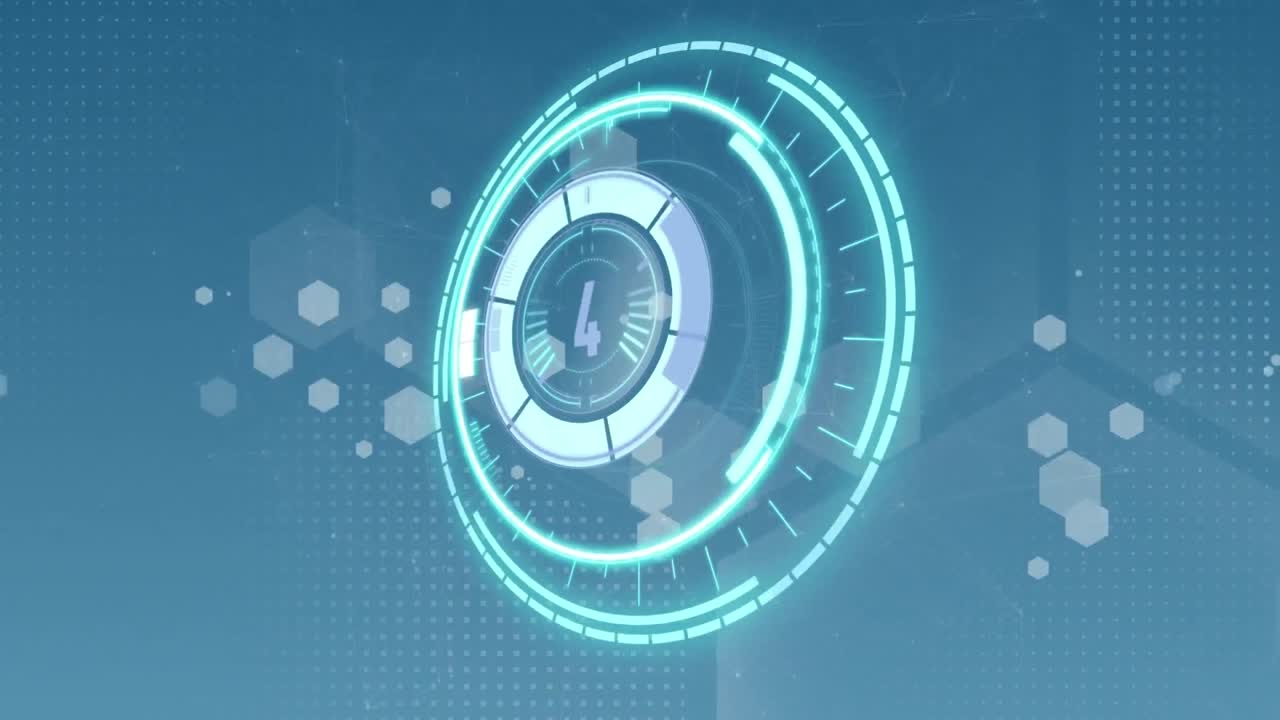 Animation of scope scanning with countdown over network of hexagons on blue background
