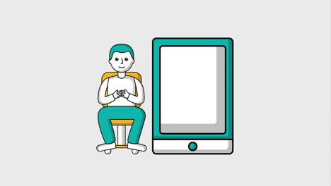 man sitting on office chair with big smartphone