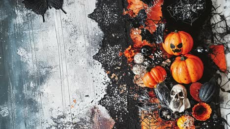 artistic halloween arrangement with pumpkins and skulls for spooky celebration