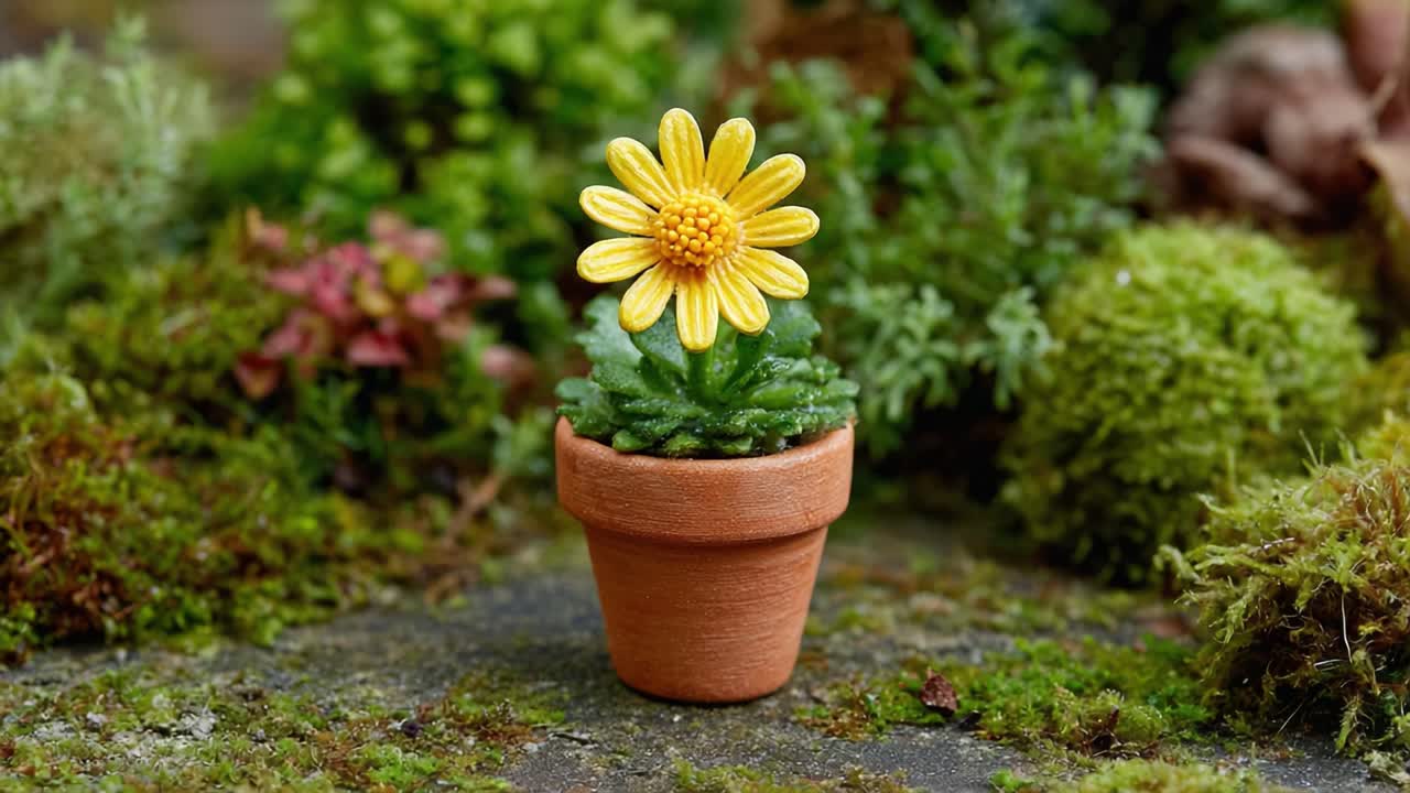 En strålende gul blomst i en terrakottapotte omgivet af frodigt grønt, der fanger naturens skønhed og miniature-gartneri
