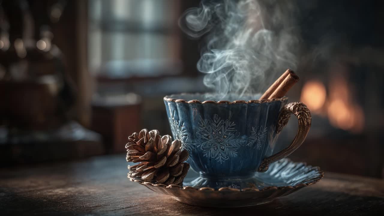 A Cozy Close-Up of a Decorative Blue Cup with Cinnamon Sticks and Pine Cone, Surrounded by Soft Smoke, Evoking a Warm, Inviting Atmosphere Perfect for Winter Relaxation