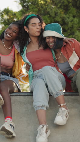 happy, friends and talking at a skatepark