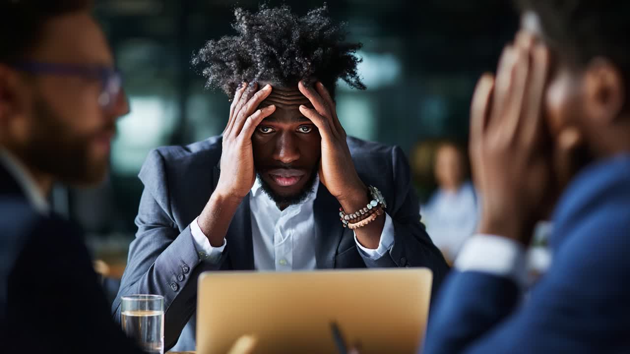 A man in a business suit showing signs of stress and frustration during a meeting, struggling to focus while dealing with pressures in a corporate environment