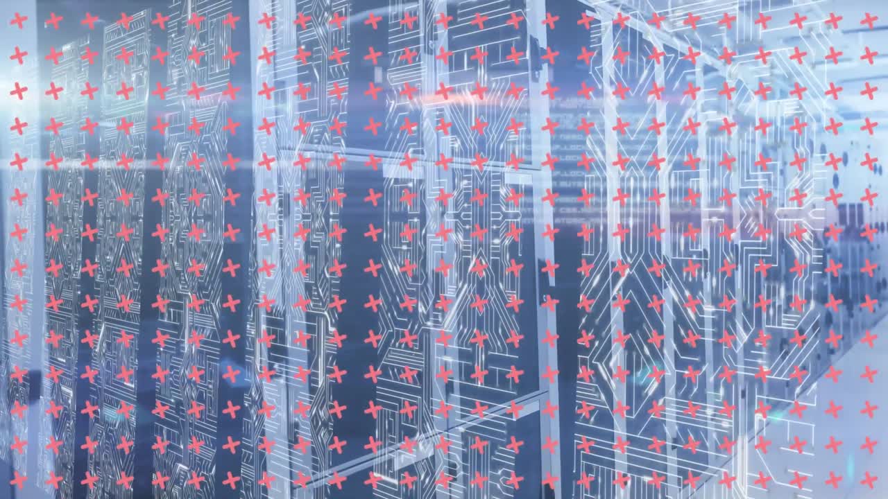 Animation of red crosses over server room