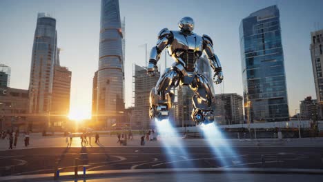 a futuristic robot flying over a modern city at sunset