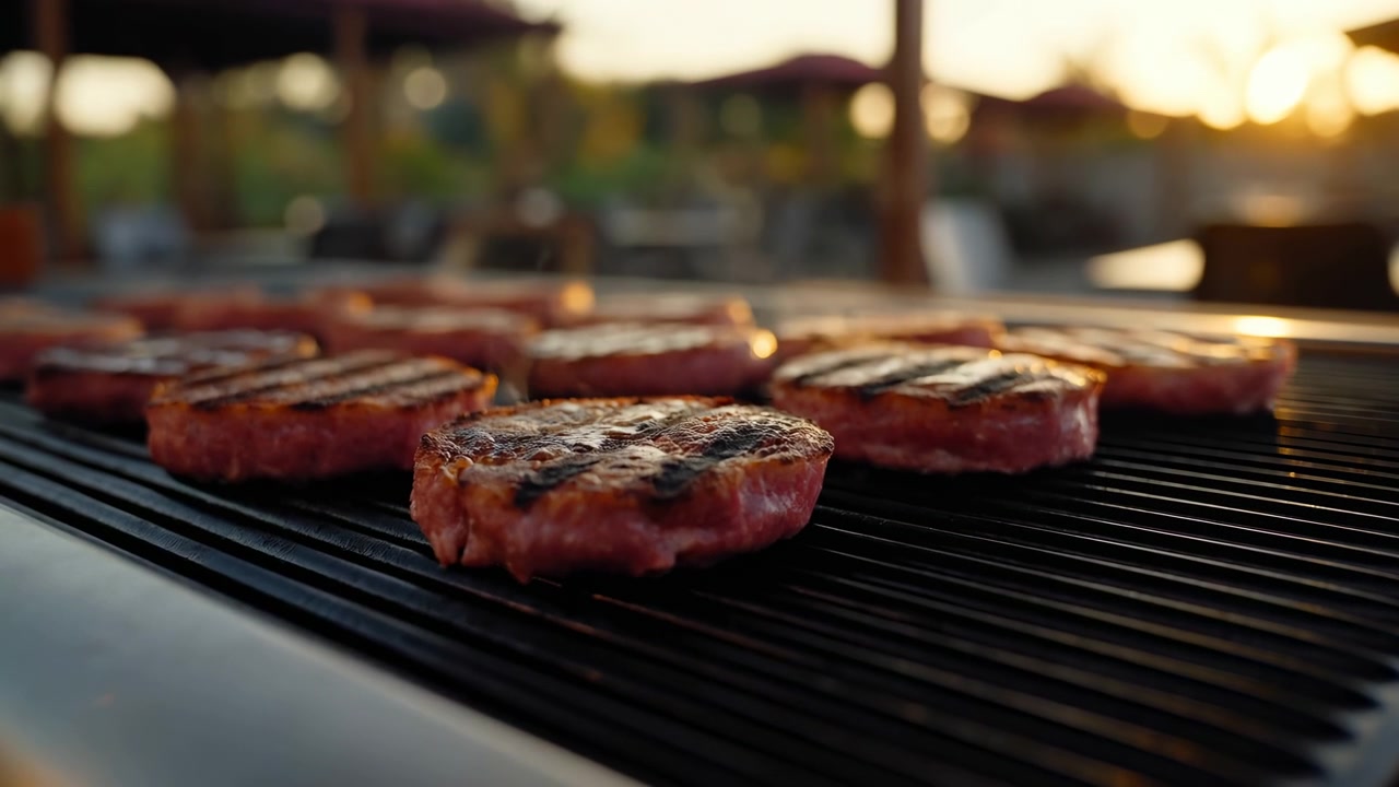 Several thick patties remain arranged across black grill ridges while their tops brown and char, with shallow focus emphasizing texture against golden evening light and an outdoor dining setting.