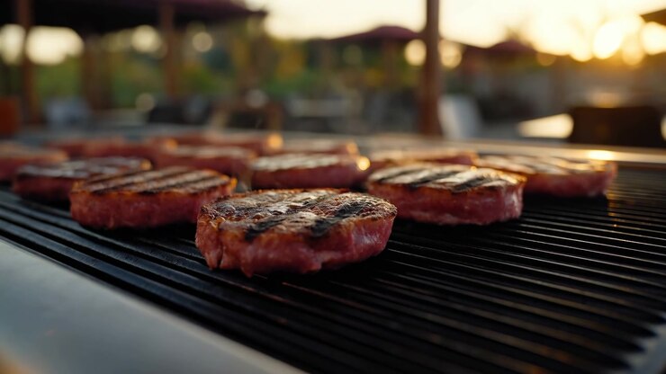 Several thick patties remain arranged across black grill ridges while their tops brown and char, with shallow focus emphasizing texture against golden evening light and an outdoor dining setting.