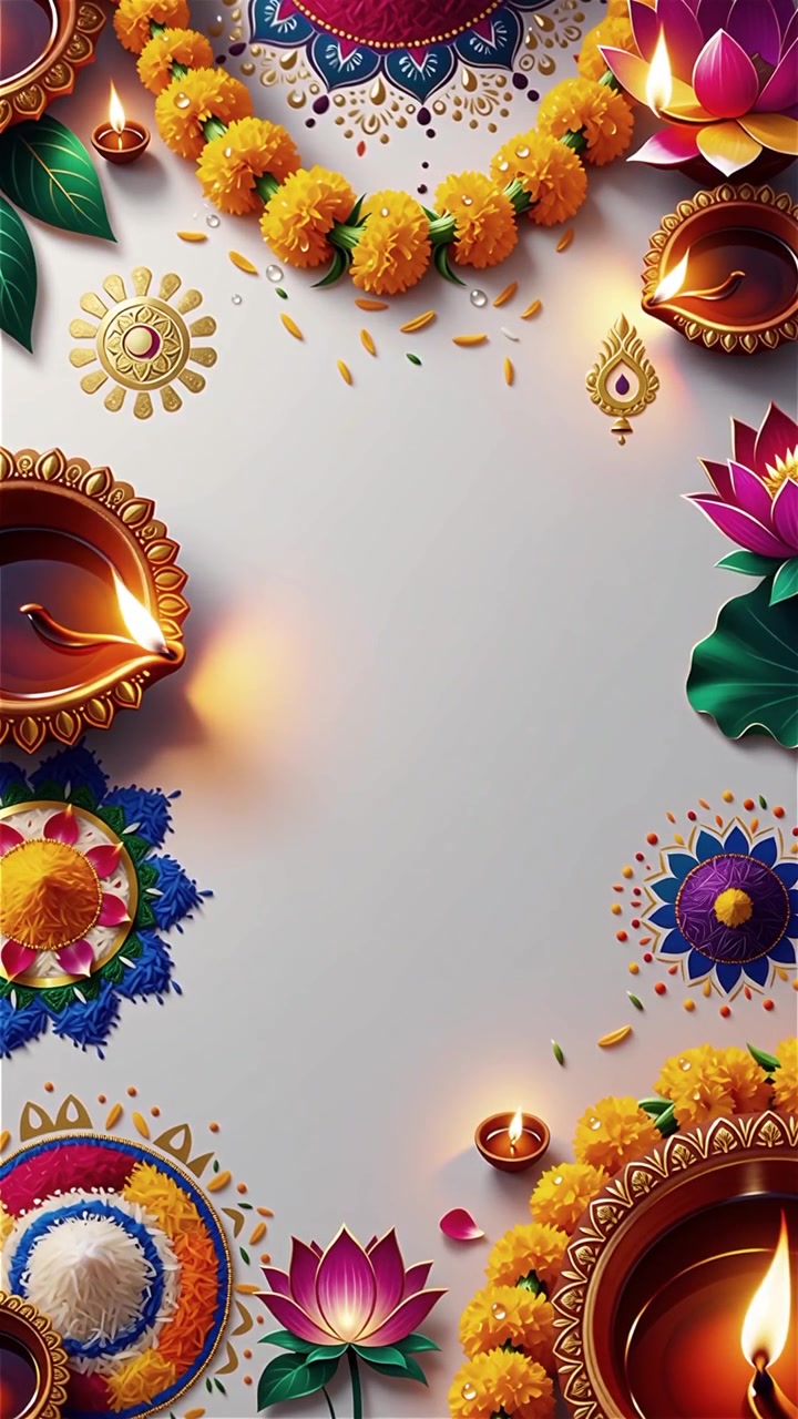 Sfondo Diwali con Diyas luminosi, Rangoli e fiori di loto