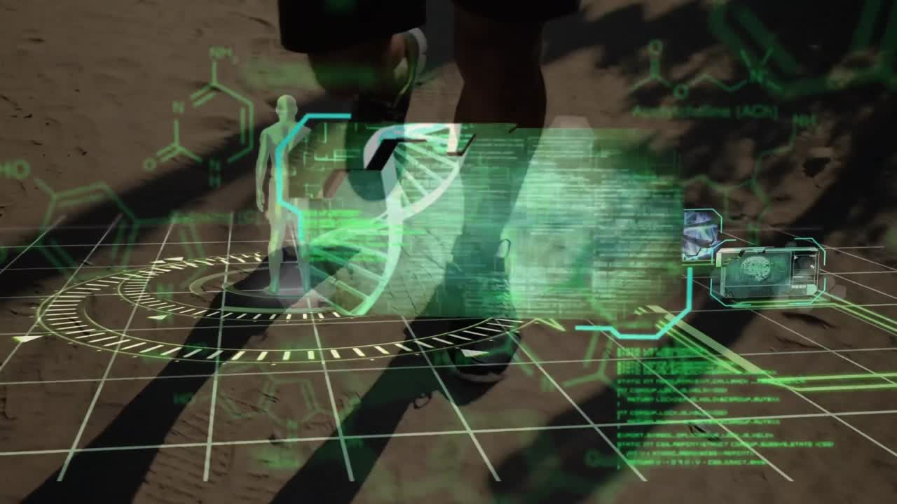 아프리카계 미국인 남자가 달리는 dna 줄기의 스핀링과 데이터 처리 애니메이션