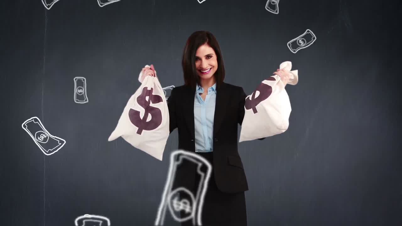 video compuesto de mujer de negocios sosteniendo bolsas de dinero