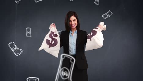 composite video of businesswoman holding money bags