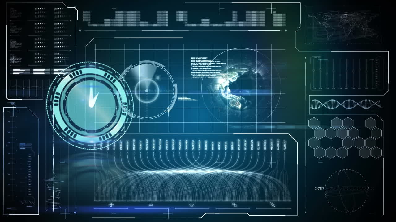 Animation of clock moving and data processing on blue background