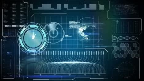animación del movimiento del reloj y el procesamiento de datos sobre fondo azul