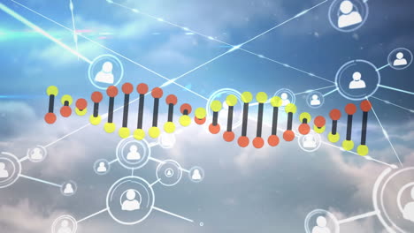 animación de la cadena de adn girando sobre la red de conexiones con los iconos de las personas