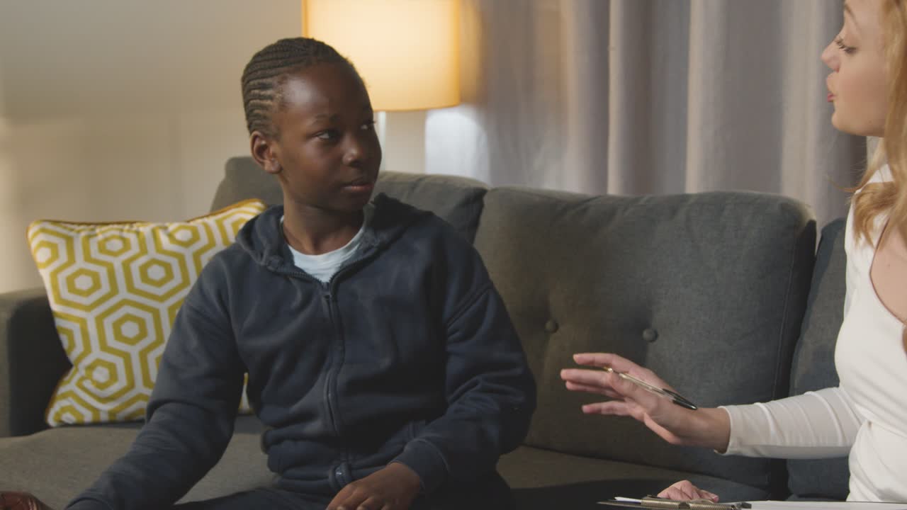 Boy On ASD Spectrum Being Helped Or Assessed By Female Teacher Or Educational Psychologist At Home 3