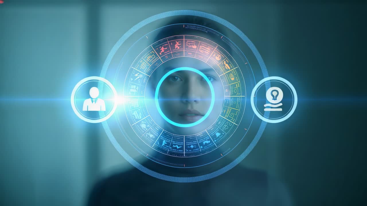 HUD appearing on woman in high-neck cool-interior brightening cyan-ring avatars lens-flare scanning