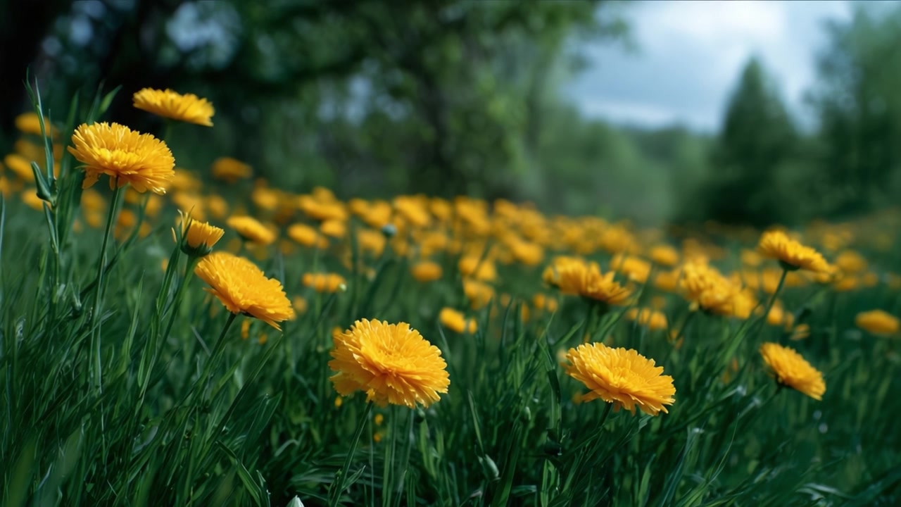 Un vibrante campo di denti di leone gialli in piena fioritura in una giornata di sole, circondato da una vegetazione lussureggiante, che cattura la bellezza e la serenità della natura all'aria aperta.