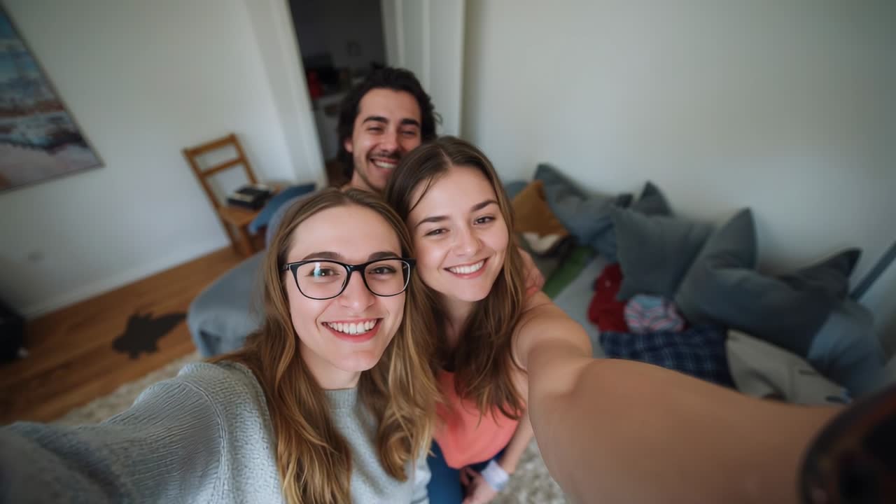 Braccio teso, persona in prima fila a destra che tiene uno smartphone e fotografa amici in soggiorno, occhiali