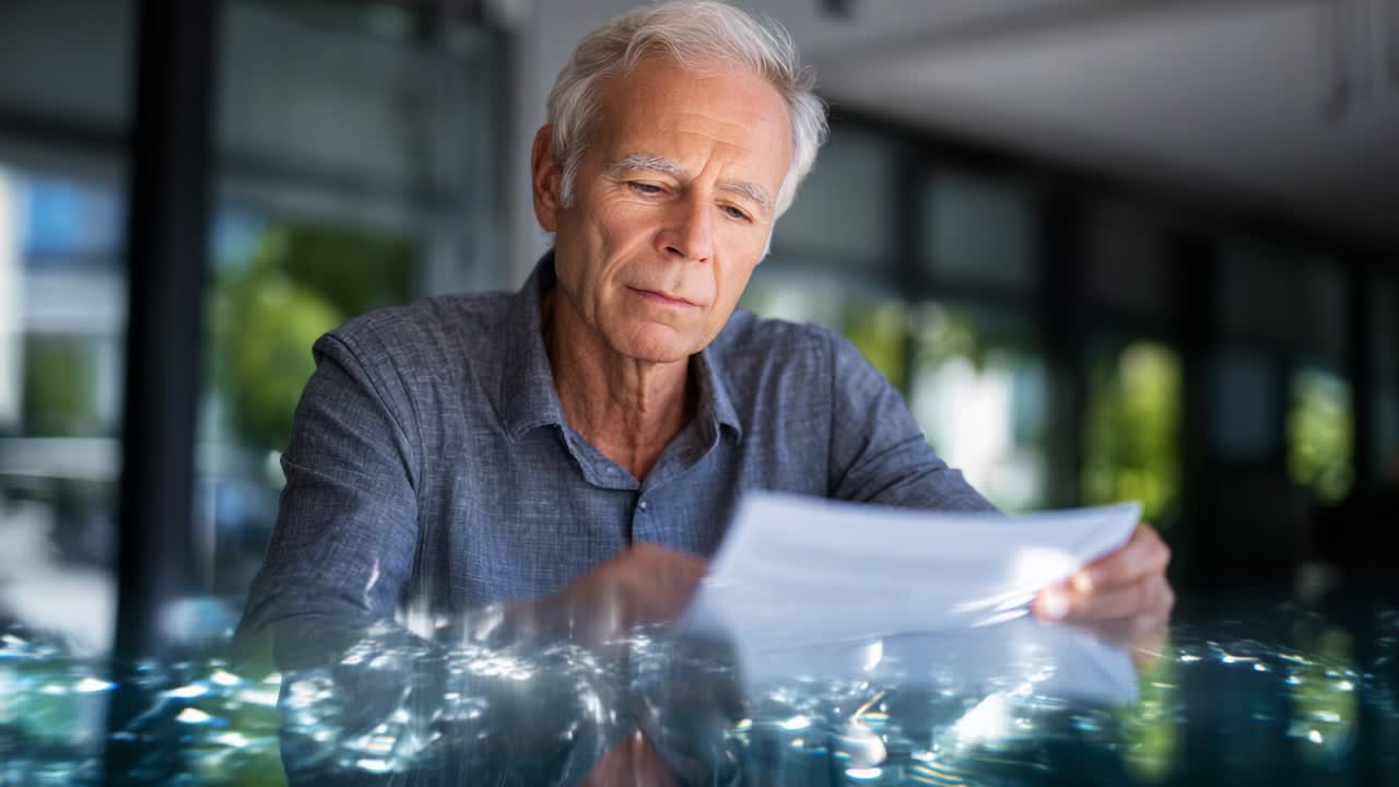 An Older Man Looks Thoughtfully at Important Documents While Sitting at a Reflective Table in a Bright, Modern Space, Contemplating His Next Steps and Decisions in Life