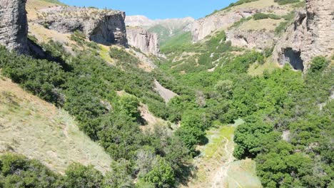 ascending aerial view of a rugged canyon in a rocky mountain wilderness area