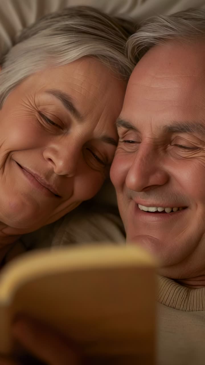 Vertical video: Smartphone pinging senior couple cuddling on bed, watching screen, sweater visible