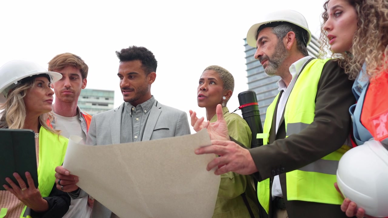 Diverse Team of Architects and Engineers Reviewing Construction Blueprints