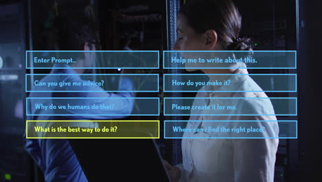 animation of ai interface question menu over diverse male and female technicians in server room