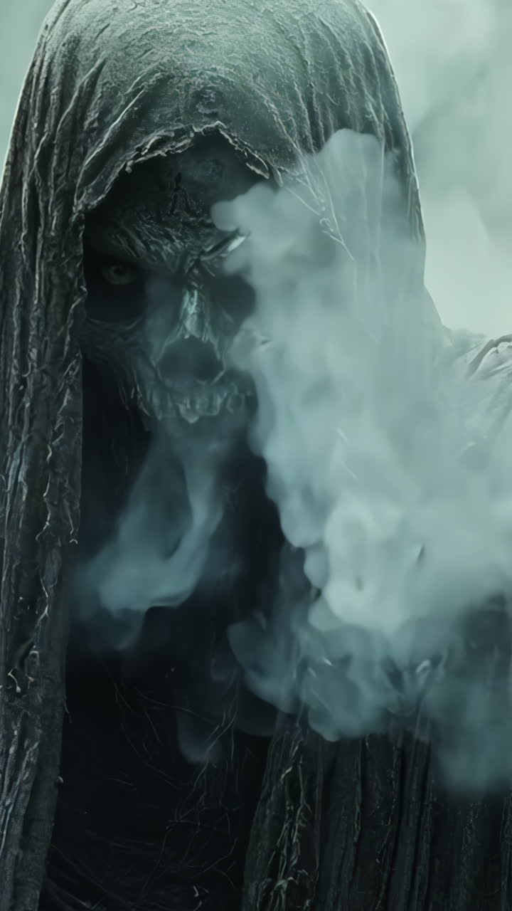 A skeleton with a long robe and a pointed finger pointing to the sky. The atmosphere is dark and ominous