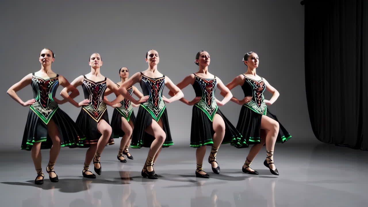 A group of women performing a synchronized dance in elegant costumes