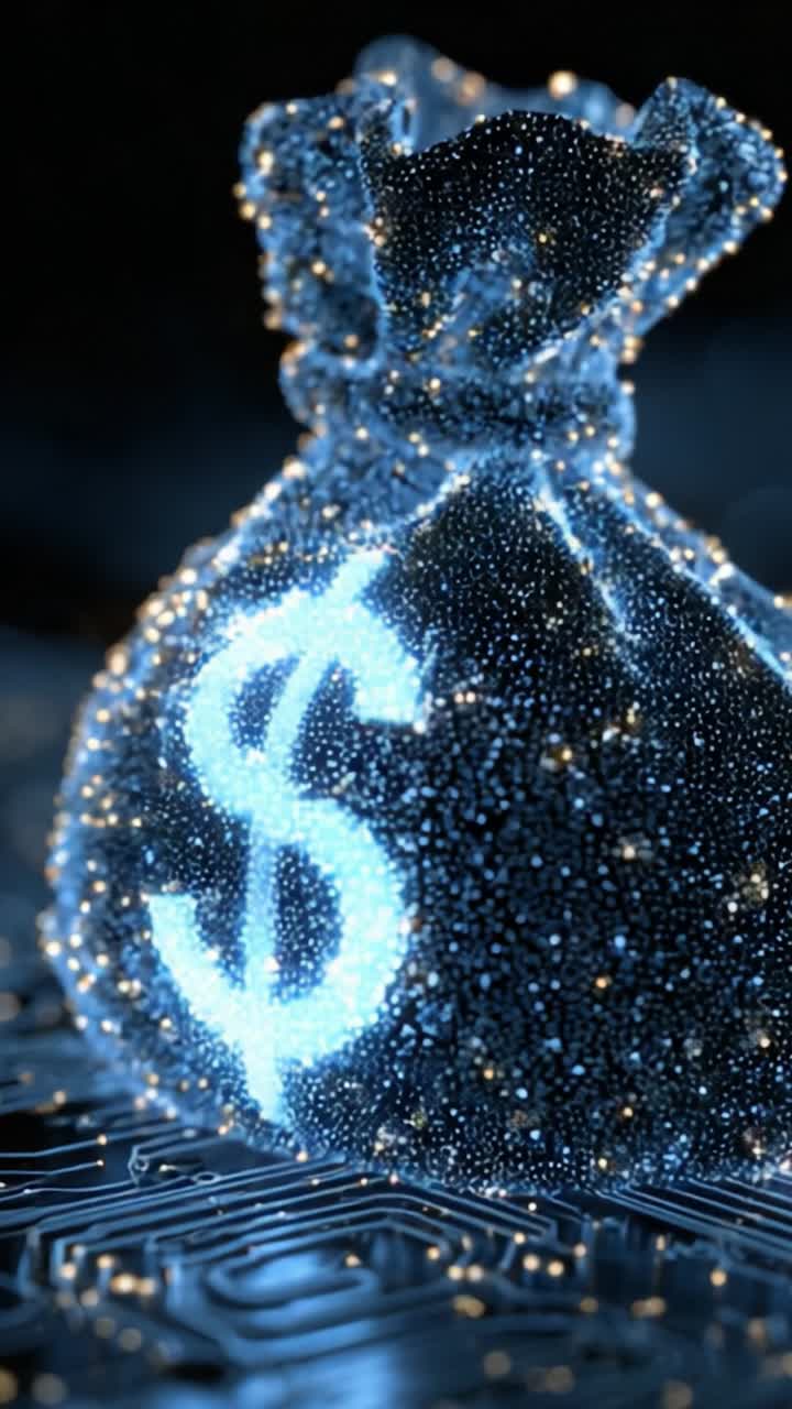 Un borsellino digitale luccicante illuminato con effetto LED, che simboleggia ricchezza, prosperità e successo finanziario in un moderno contesto tecnologico
