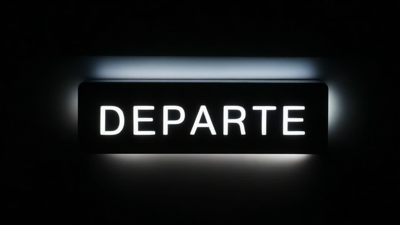 A illuminated sign displaying the word 'DEPARTE' in bold letters against a dark background, creating a contrast that captures attention and conveys a message of departure or exit, inviting contemplation