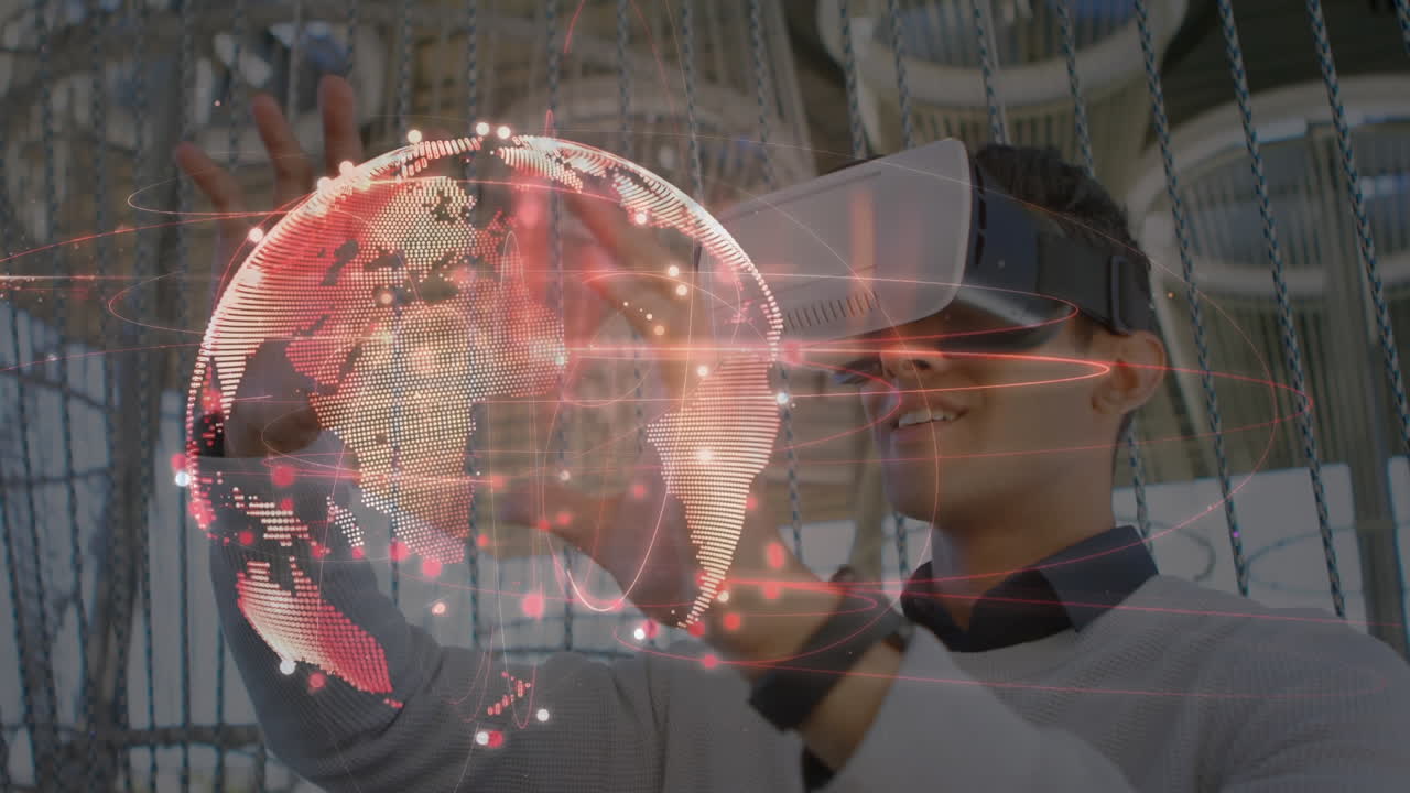 Animación de red de conexiones y globo terráqueo sobre un empresario usando gafas de realidad virtual.