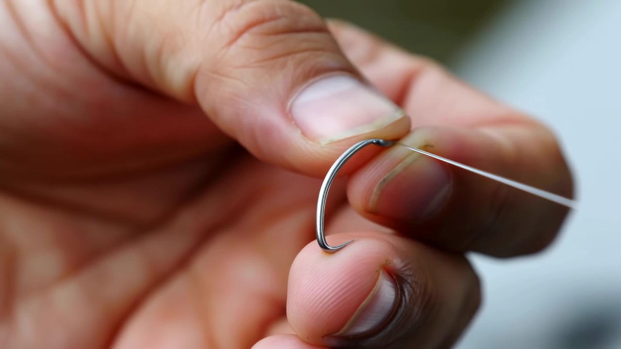 Close view shows fingers pinching curved metal needle as fine thread passes through its small eye, with shallow focus isolating handwork and reflective metal against soft background.