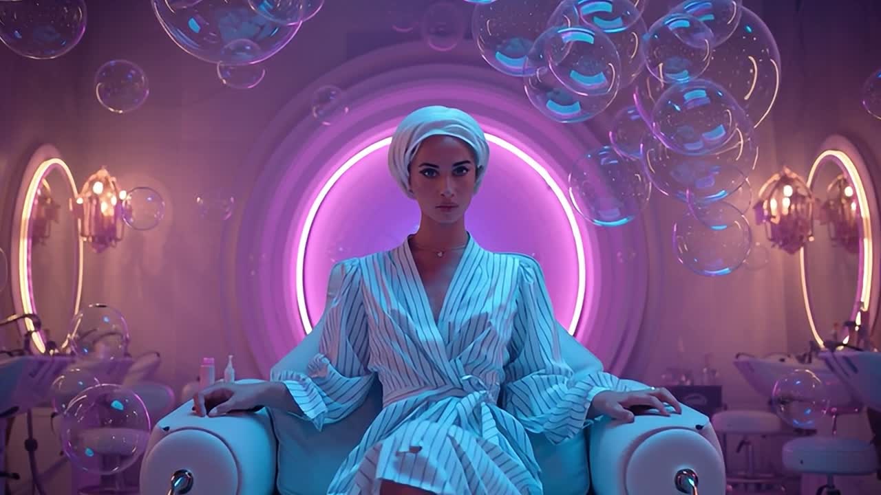 Donna che si rilassa in una spa moderna con illuminazione vivace e bolle