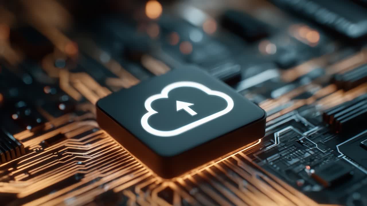 Exploring the Intricate Design of a Digital Circuit Board Featuring a Prominent Cloud Upload Icon Amidst Complex Technology Elements