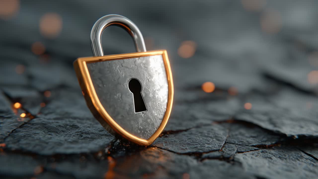 A Detailed Close-Up of a Modern Padlock, Highlighting Its Glossy Surface and Unique Shape Against a Textured Background of Dark, Cracked Surfaces with Subtle Lighting Effects